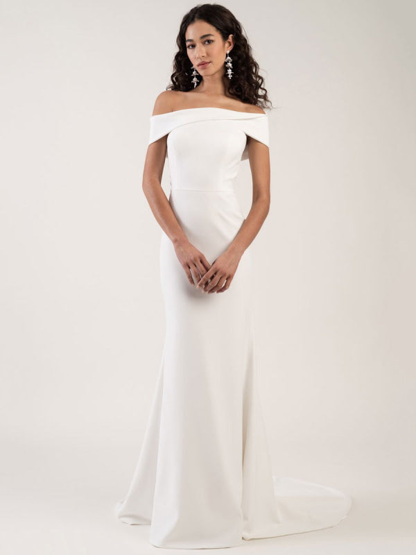 Bateau Neck Sleeveless Backless Satin White Long Mermaid Bridal Dress