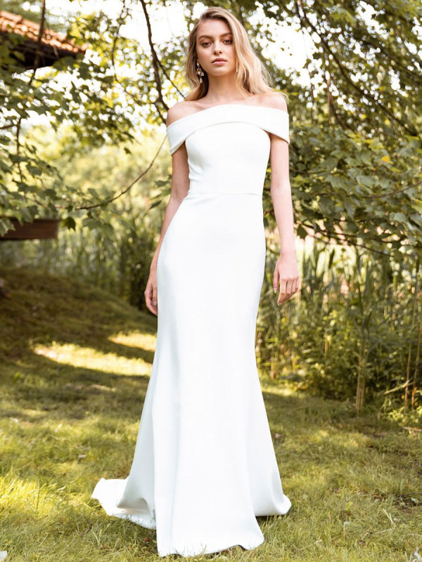 Bateau Neck Sleeveless Backless Satin White Long Mermaid Bridal Dress