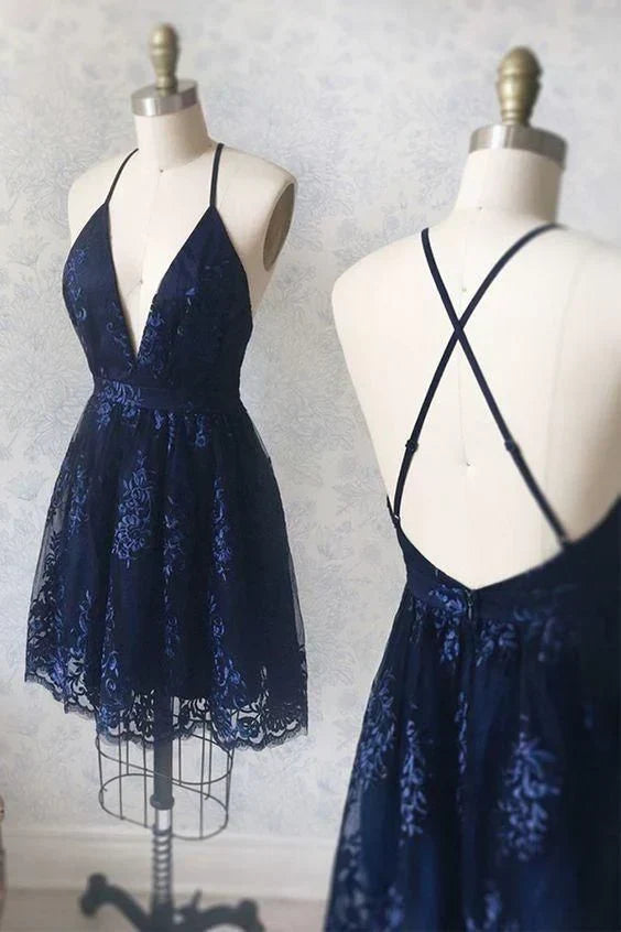 Vintage V-neck Applique Short A-Line Party Dress Cocktail Dress Homecoming Dress HZ1024