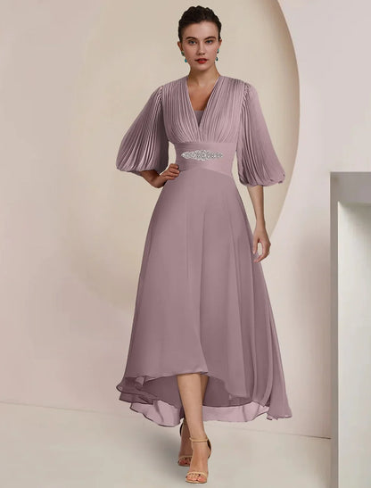 A-Line Mother of the Bride Dress Formal Wedding Guest Party Vintage Elegant V Neck Tea Length Chiffon 3/4 Length Sleeve with Pleats Crystals