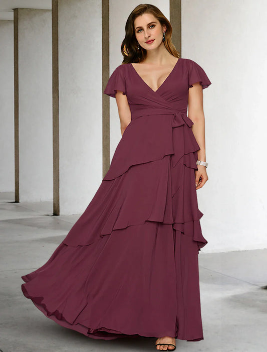 Aimishang  A-Line Mother of the Bride Dresses Plus Size Hide Belly Curve Vintage Dress Formal Floor Length Short Sleeve V Neck Chiffon with Ruffles Strappy Fall