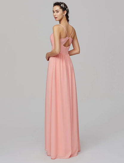 DingjiA-Line Spaghetti Strap Floor Length Chiffon Bridesmaid Dress with Criss Cross / Split Front
