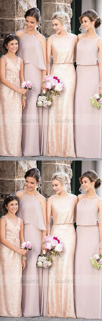 Mismatched Dark Gold Sequin Long Bridesmaid Dresses, Affordable Unique Custom Long Bridesmaid Dresses