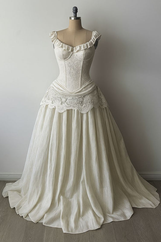 Vintage Rococo Style Ruffled Spaghetti Strap Gown | Off-White Lace Corset Ballgown Maxi Dress for Wedding Retro Theme Party Luxury Dinner gh6426