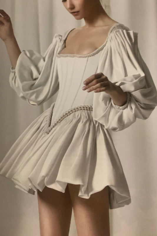Girlhomeshops-White Vintage Elegant Long Sleeve Short Satin Formal Homecoming Dress gh5333