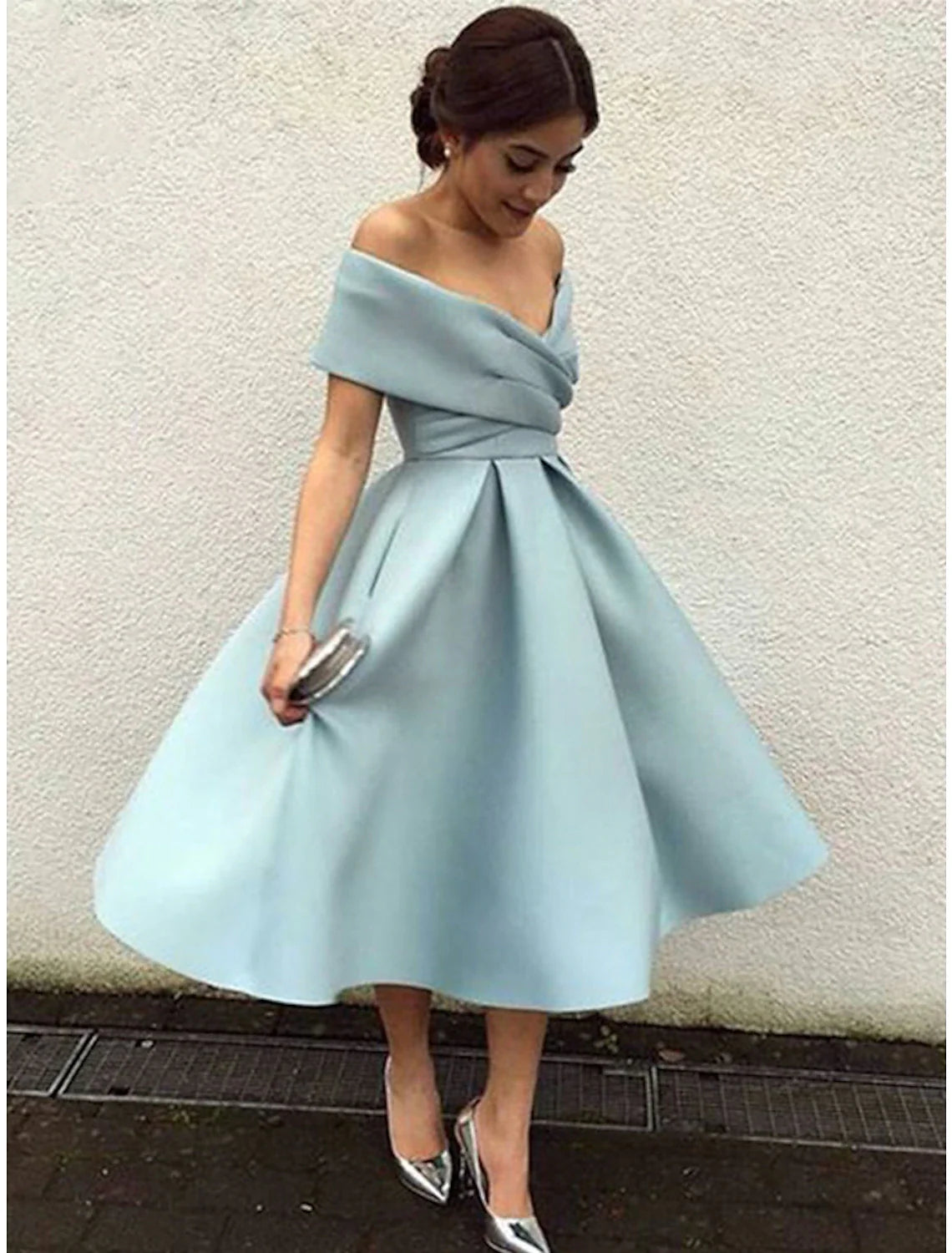 A-Line Cocktail Dresses 1950s Dress Wedding Guest Christmas Red Green Dress Tea Length Short Sleeve V Neck  Fabric V Back with Pleats