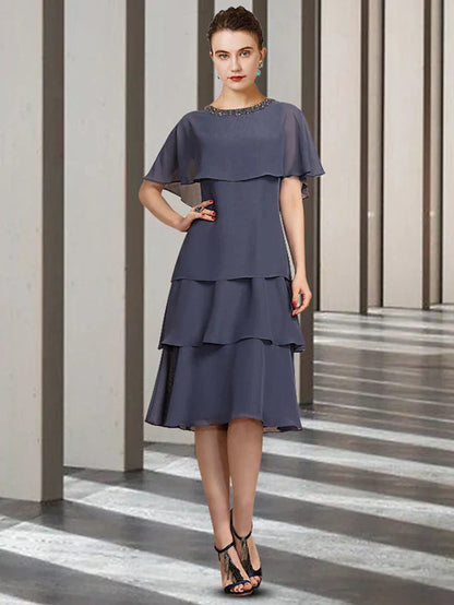 Sheath / Column Mother of the Bride Dress Elegant Jewel Neck Knee Length Chiffon Short Sleeve with Beading Ruffles
