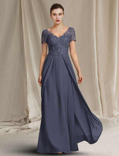 Aimishang  Sheath / Column Mother of the Bride Dress Plus Size Elegant V Neck Floor Length Chiffon Lace Short Sleeve with Appliques