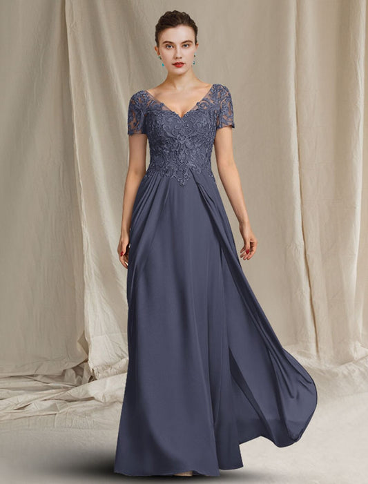 Aimishang  Sheath / Column Mother of the Bride Dress Plus Size Elegant V Neck Floor Length Chiffon Lace Short Sleeve with Appliques
