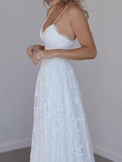 Beach Wedding Dress A Line Sweetheart Neck Straps Floor Length Lace Bridal Gown With Train