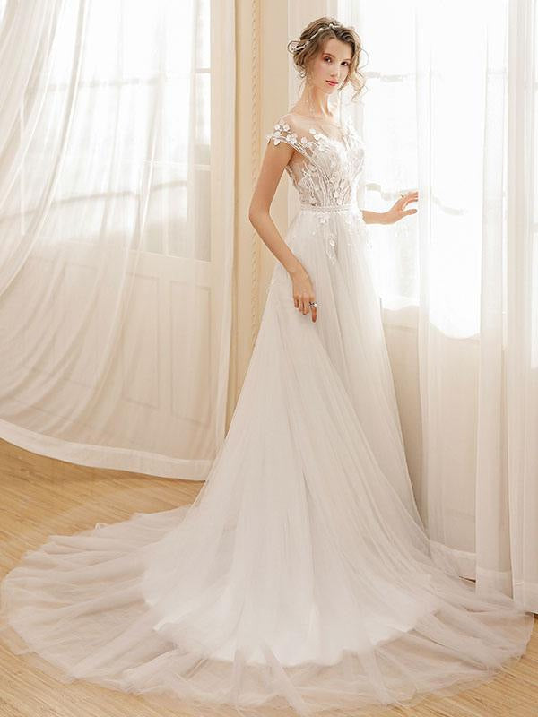Beach Wedding Dress Bohemian Maxi Bridal Dresses Ivory Applique Illusion Open Back Summer Wedding Gowns