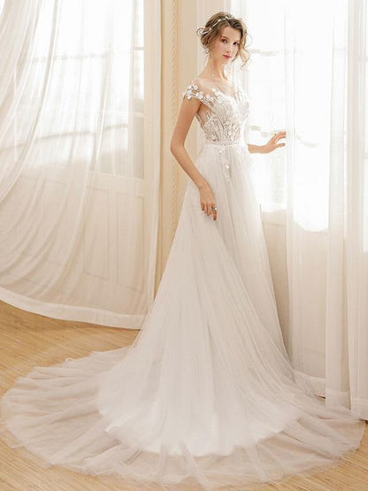 Beach Wedding Dress Bohemian Maxi Bridal Dresses Ivory Applique Illusion Open Back Summer Wedding Gowns