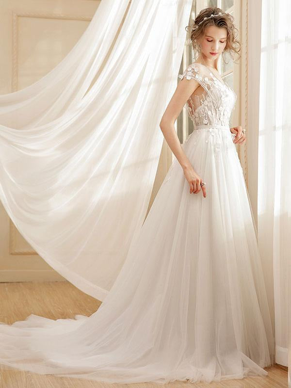 Beach Wedding Dress Bohemian Maxi Bridal Dresses Ivory Applique Illusion Open Back Summer Wedding Gowns