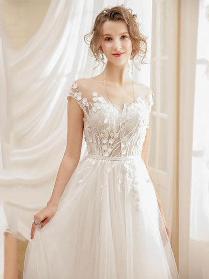 Beach Wedding Dress Bohemian Maxi Bridal Dresses Ivory Applique Illusion Open Back Summer Wedding Gowns