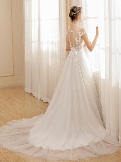 Beach Wedding Dress Bohemian Maxi Bridal Dresses Ivory Applique Illusion Open Back Summer Wedding Gowns