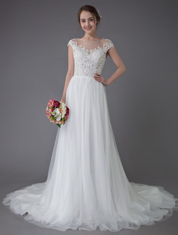 Beach Wedding Dresses Lace Tulle A Line Ivory Beaded Summer Bridal Gowns