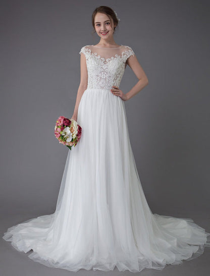 Beach Wedding Dresses Lace Tulle A Line Ivory Beaded Summer Bridal Gowns