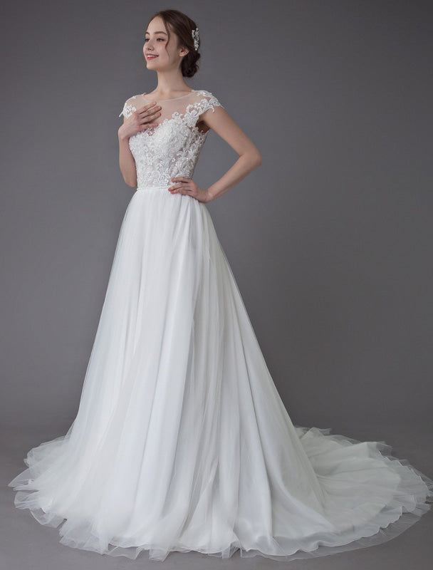 Beach Wedding Dresses Lace Tulle A Line Ivory Beaded Summer Bridal Gowns