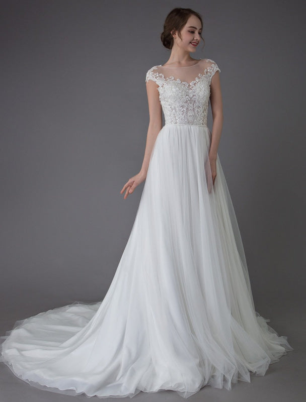 Beach Wedding Dresses Lace Tulle A Line Ivory Beaded Summer Bridal Gowns