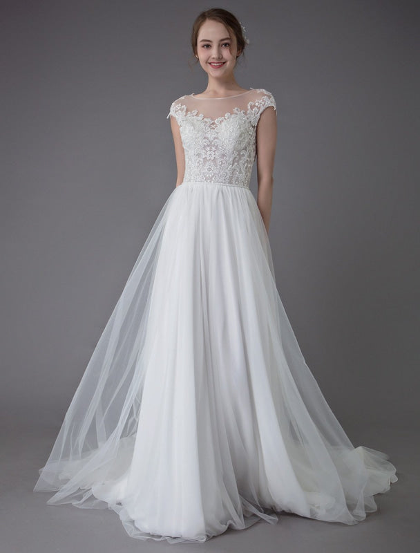 Beach Wedding Dresses Lace Tulle A Line Ivory Beaded Summer Bridal Gowns
