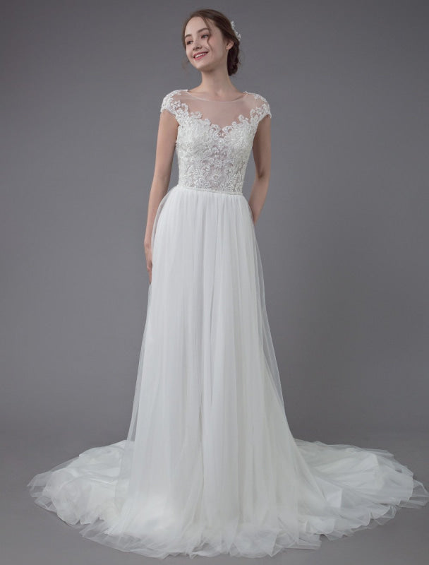 Beach Wedding Dresses Lace Tulle A Line Ivory Beaded Summer Bridal Gowns