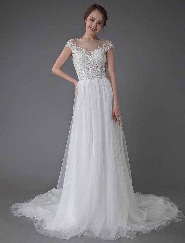 Beach Wedding Dresses Lace Tulle A Line Ivory Beaded Summer Bridal Gowns