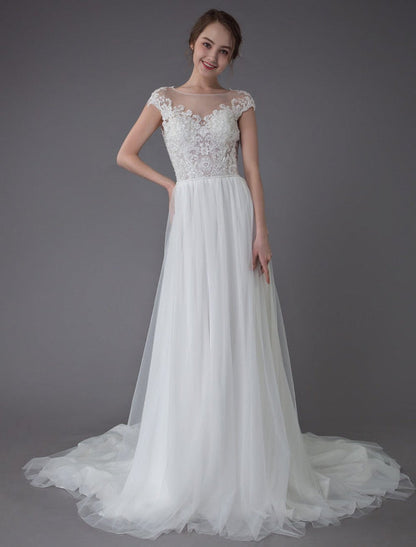 Beach Wedding Dresses Lace Tulle A Line Ivory Beaded Summer Bridal Gowns