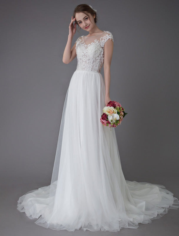 Beach Wedding Dresses Lace Tulle A Line Ivory Beaded Summer Bridal Gowns