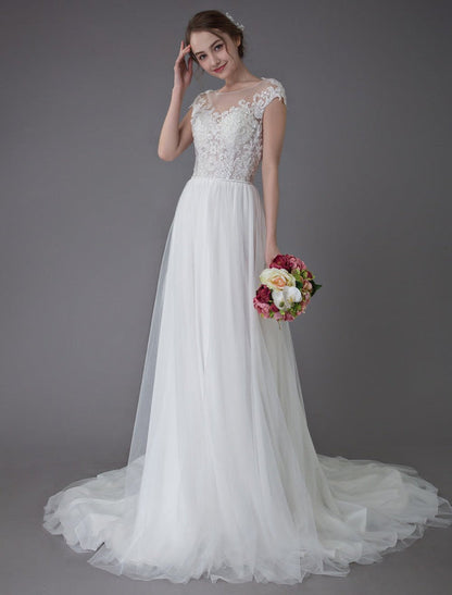 Beach Wedding Dresses Lace Tulle A Line Ivory Beaded Summer Bridal Gowns