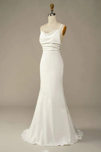 Spaghetti Straps Long Soft Satin Ivory Mermaid Beach Wedding Dresses