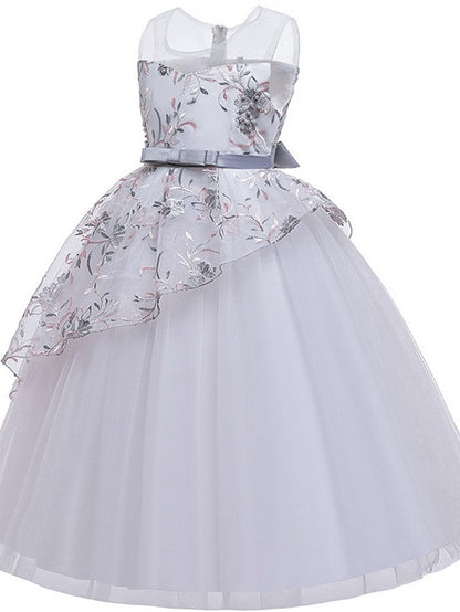 Beautiful Ball Gown Sleeveless Illusion Neck Flower Girl Dress with Tulle Sash Ribbon Bow and Embroidery
