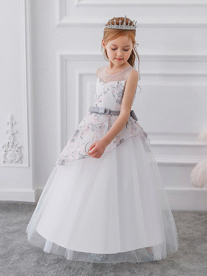 Beautiful Ball Gown Sleeveless Illusion Neck Flower Girl Dress with Tulle Sash Ribbon Bow and Embroidery