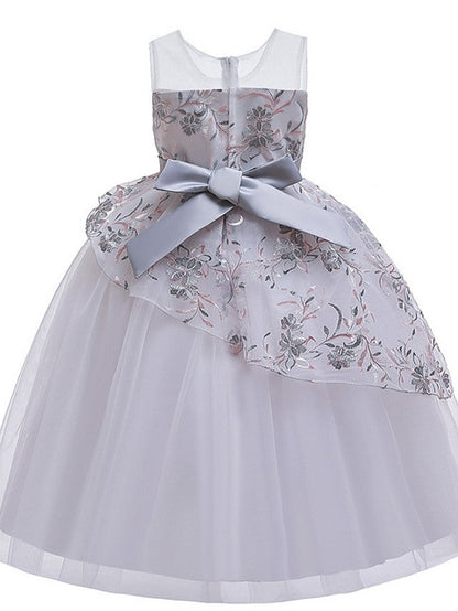 Beautiful Ball Gown Sleeveless Illusion Neck Flower Girl Dress with Tulle Sash Ribbon Bow and Embroidery