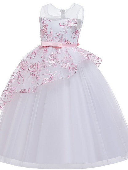 Beautiful Ball Gown Sleeveless Illusion Neck Flower Girl Dress with Tulle Sash Ribbon Bow and Embroidery