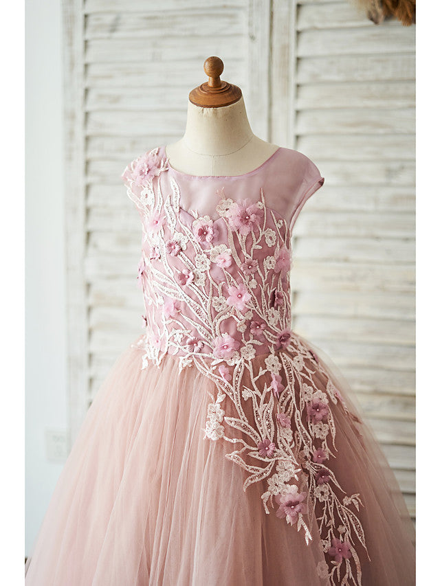 Beautiful Floor Length Jewel Ball Gown Flower Girl Dresses with Lace Tulle & Pearls