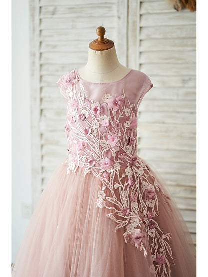 Beautiful Floor Length Jewel Ball Gown Flower Girl Dresses with Lace Tulle & Pearls