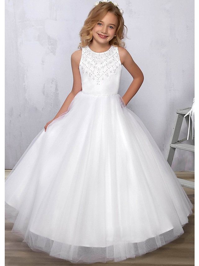 Beautiful Jewel A-Line Floor Length Flower Girl Dress Satin Tulle With Beadings