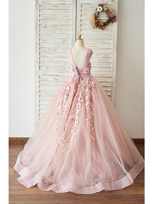 Beautiful Jewel Ball Gown with Pearls and Lace for Flower Girls
