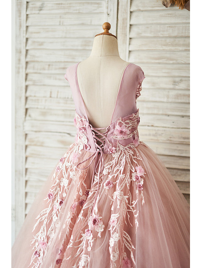 Beautiful Jewel Ball Gown with Pearls and Lace for Flower Girls
