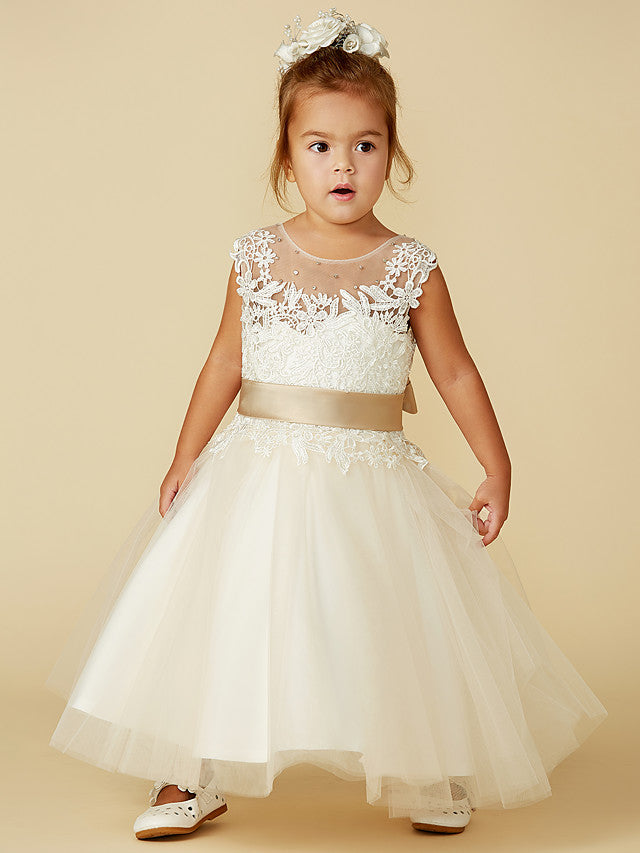 Beautiful Jewel Neck Ball Gown with Lace Tulle, Belt, Buttons, and Beading for Girls