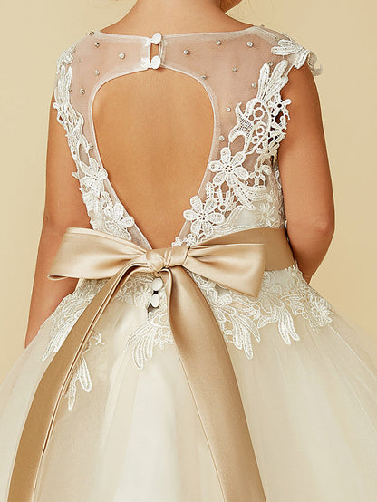 Beautiful Jewel Neck Ball Gown with Lace Tulle, Belt, Buttons, and Beading for Girls