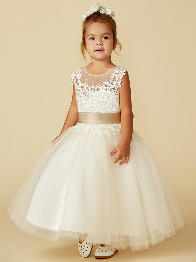 Beautiful Lace Tulle Ball Gown Dress with Beading and Buttons for Flower Girls