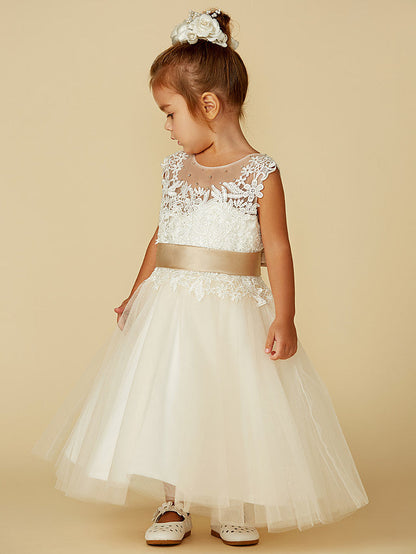 Beautiful Lace Tulle Ball Gown Dress with Beading and Buttons for Flower Girls