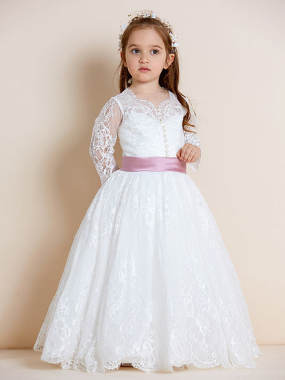 Beautiful Lace Tulle Ball Gown Flower Girl Dress with Long Sleeve V Neck and Sash Ribbon Bow