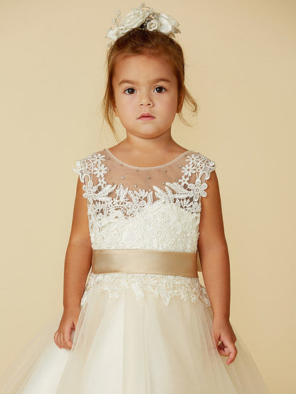 Beautiful Lace Tulle Ball Gown with Belt, Buttons, and Beading for Flower Girls