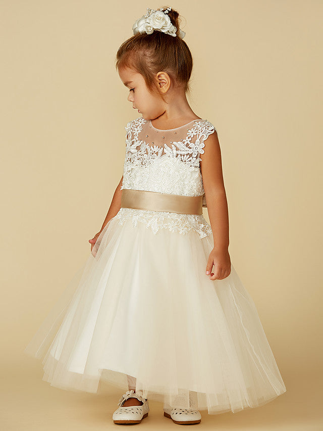 Beautiful Lace Tulle Ball Gown With Belt, Buttons & Beading for Flower Girl Dress