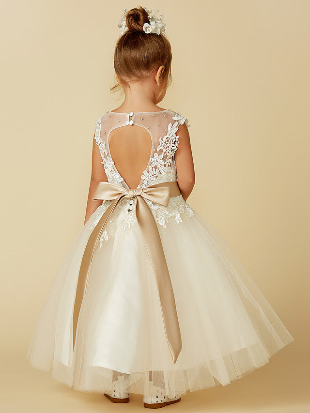 Beautiful Lace Tulle Ball Gown with Belt, Buttons & Beading for Girls