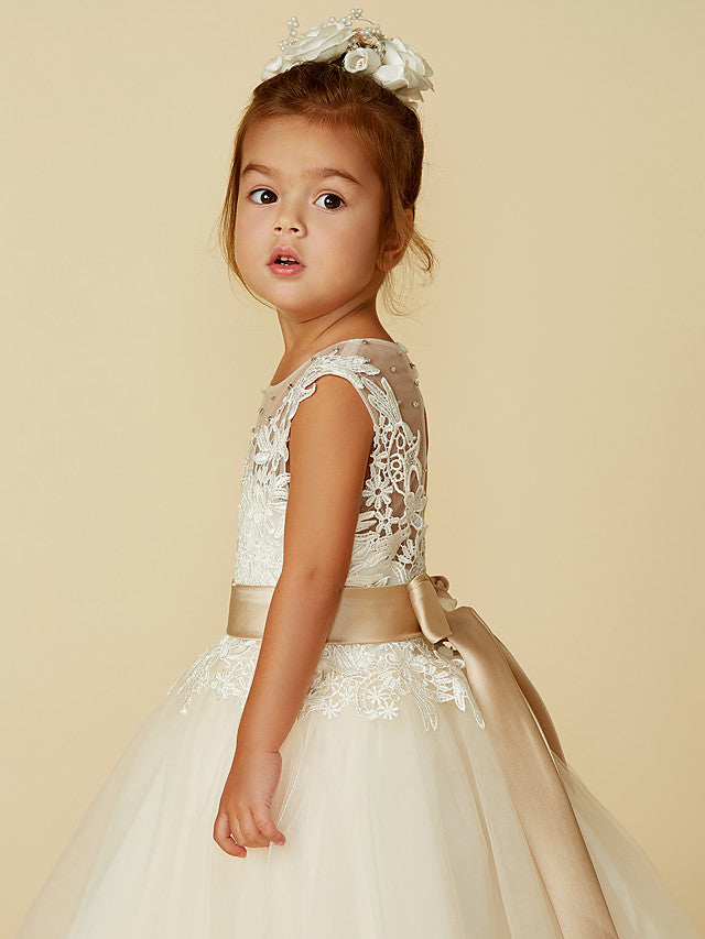 Beautiful Lace Tulle Ball Gown with Belt, Buttons & Beading for Girls
