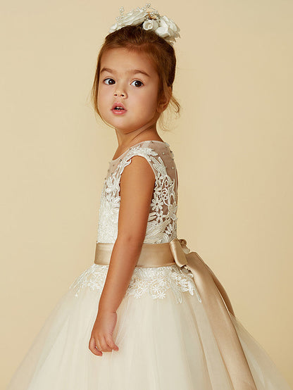 Beautiful Lace Tulle Ball Gown with Belt, Buttons & Beading for Girls