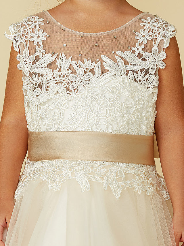 Beautiful Lace Tulle Ball Gown with Belt, Buttons & Beading for Girls
